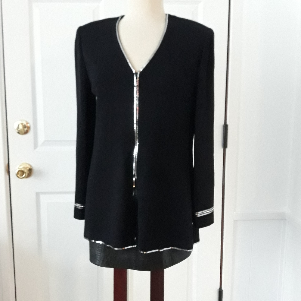 St. John black knit evening jacket with silver sequins